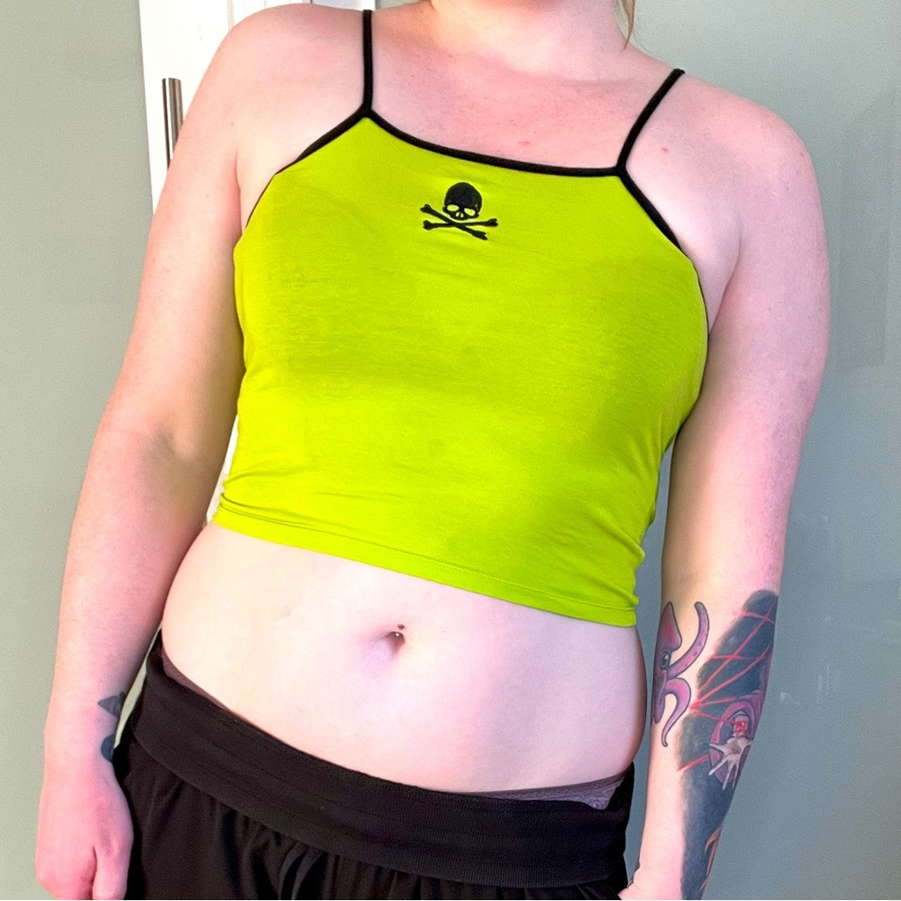 Neon green black skull halter crop top
